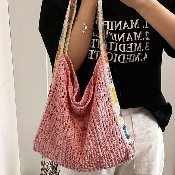 Pink Vacation Women's Hollow Knitted Contrast Color Flower Crossbody Bag - Picture 3 of 7